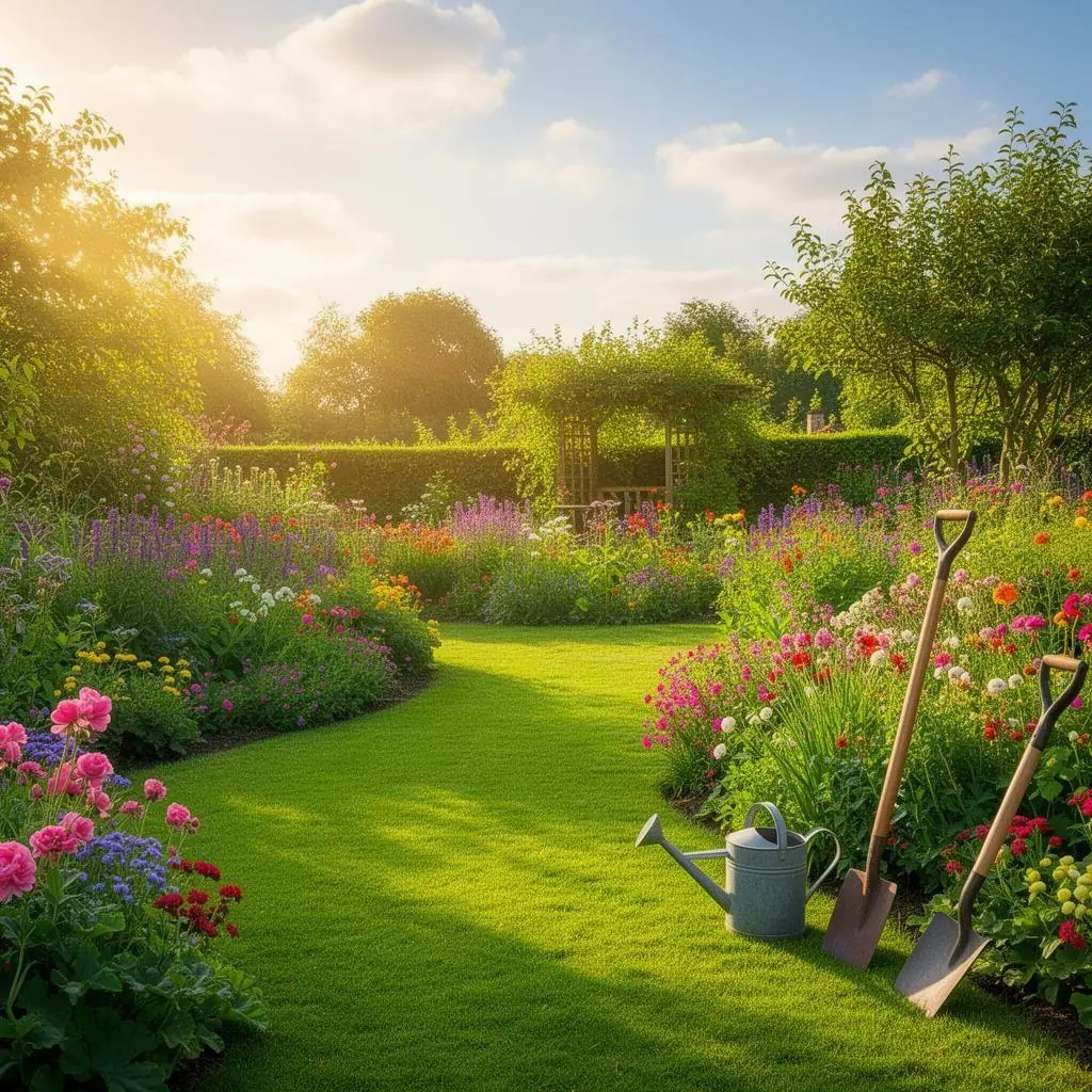 A beautiful English garden with colourful flower beds and a lush green lawn