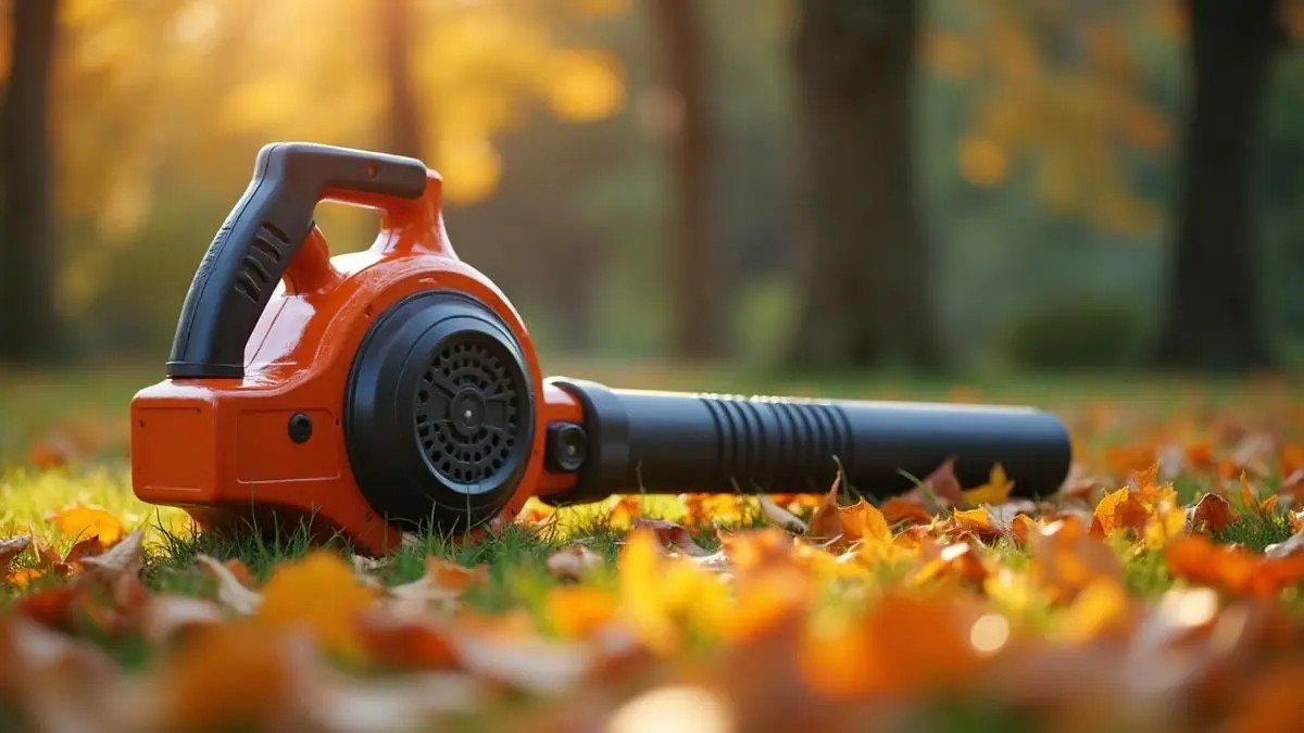 Modern cordless leaf blower in autumn garden with fallen leaves